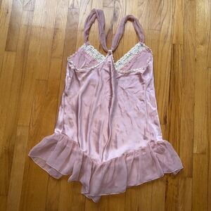 Vintage Dentelle Slip Dress L Pink Satin Lace Ruffle Hem Chemise USA Lingerie